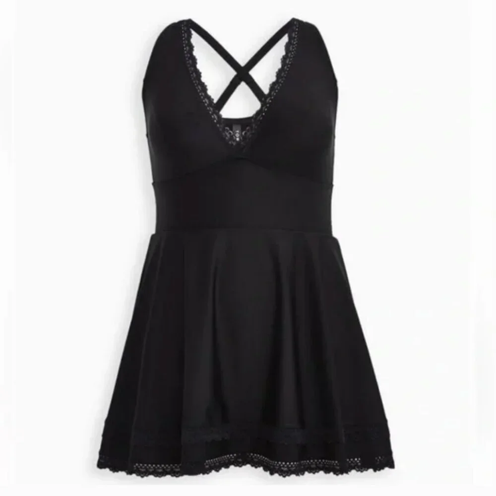 Torrid Mid Lace Trimmed Swim Dress with Brief Deep Black‎ size 4X